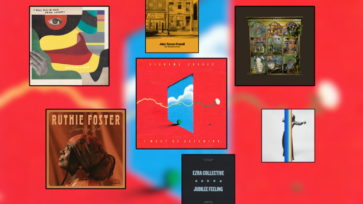 Artwork for music releases displayed in black squares frames over a blurry red and blue background.