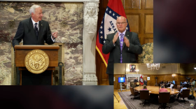 Gov. Asa Hutchinson takes a question from a reporter during Tuesday's press conference.
