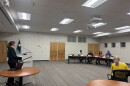KAXE reporter Emma Krab moderates a forum with candidates for Deer River School Board on Sept. 30, 2026, in Grand Rapids.
