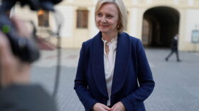 British Prime Minister Liz Truss makes a press statement after a meeting of the European Political Community at Prague Castle in Prague, Czech Republic.