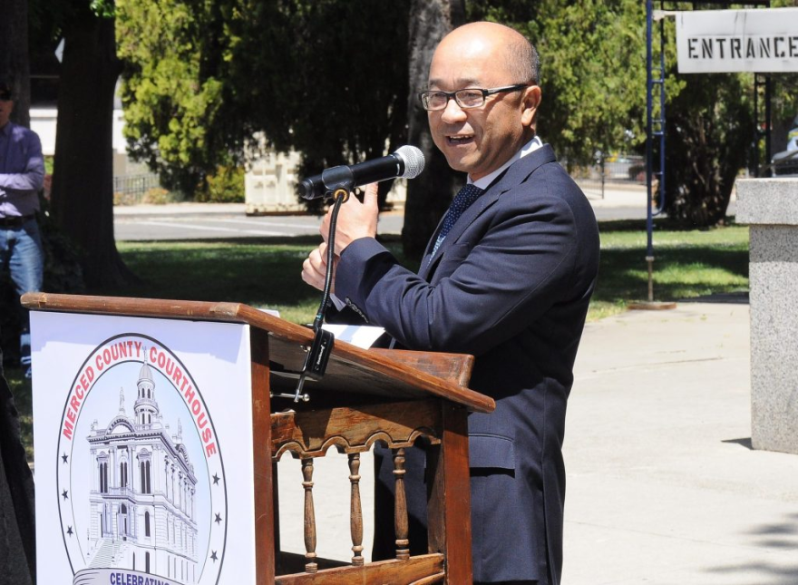 Merced County Superior Court Presiding Judge Paul C. Lo is shown speaking during the Merced Courthouse Rededication Ceremony on May 5, 2025.