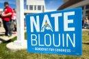A Nate Blouin campaign lawn sign outside of the Utah Democratic Convention at Jordan High School in Sandy, April 25, 2026.