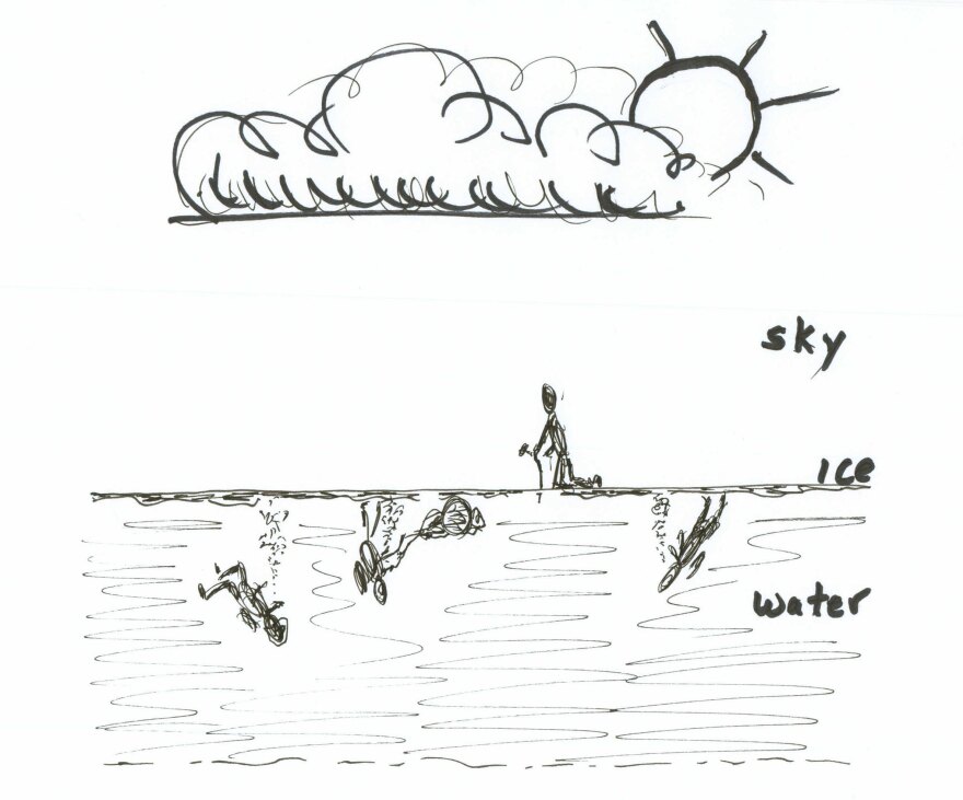 Drawing of divers underwater.