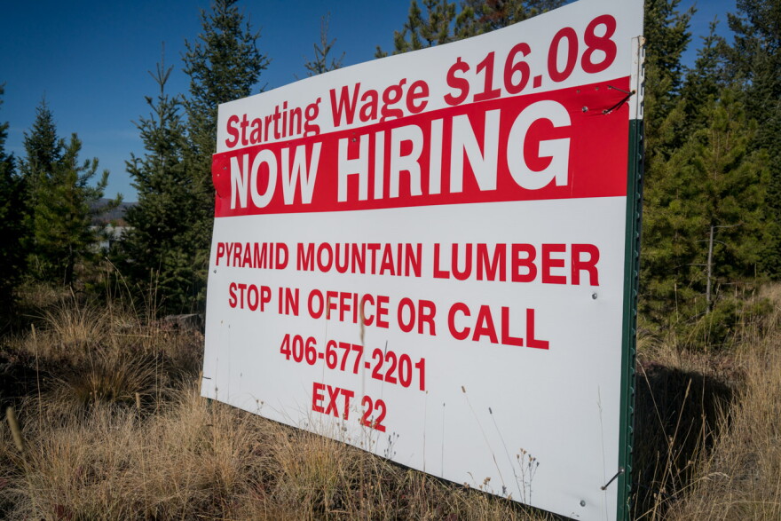A sign advertising employment at Pyramid Mountain Lumber Copmany