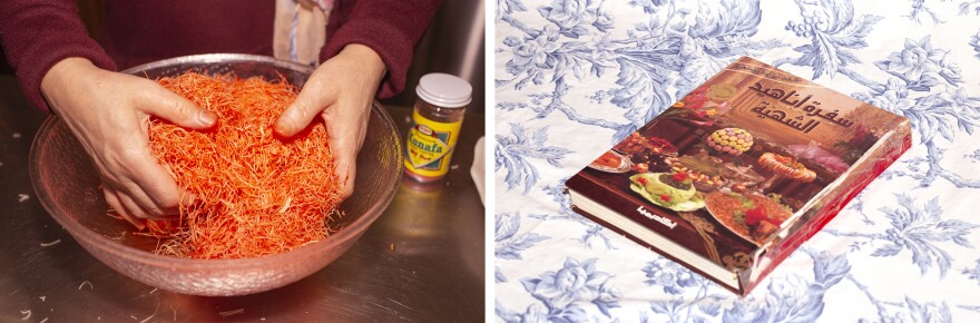 Left: The photographer's mother mixing <em>knafeh</em> food coloring into shredded phyllo dough. This is what gives the <em>knafeh</em> a deep orange color. Right: The old cookbook Huda Attar brought with her from Syria when she moved to the United States. She learned most of her recipes from this book.