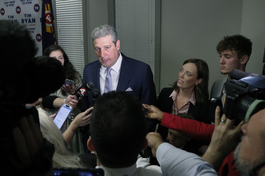 Rep. Tim Ryan, D-Ohio, running for an open U.S. Senate seat in Ohio, speaks to reporters after the polls closed on primary election day Tuesday, May 3, 2022, in Columbus, Ohio. 