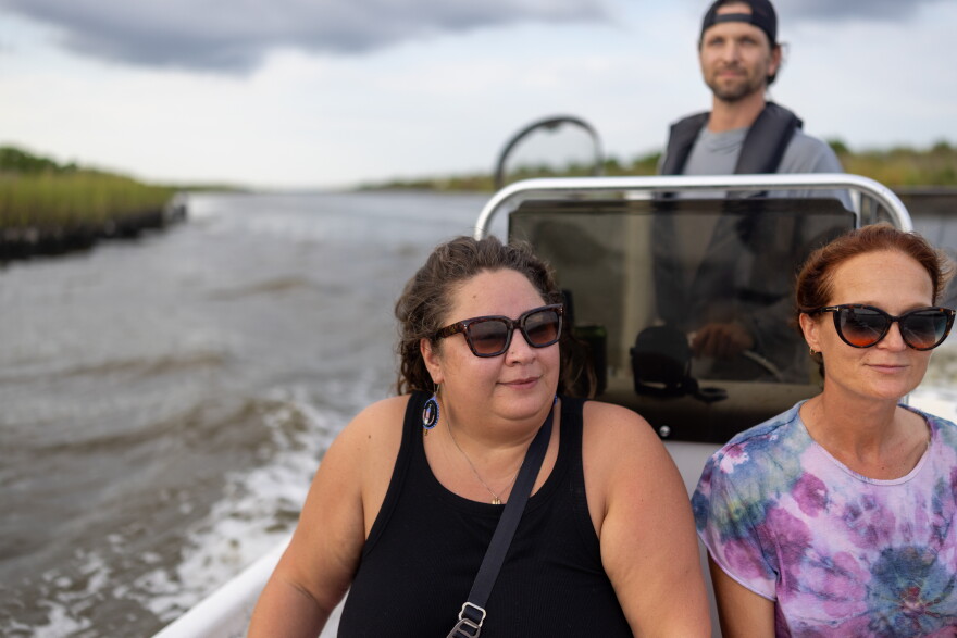 Gabe Giffin, Brooke Broussard and Hollie Girouard take a boat out into the coastal marsh near the area where the SpaceX spaceport will be built on Tuesday, August 25, 2026. 