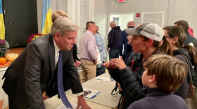 Bob Stefanowski at a campaign event Wednesday where he opposed any COVID-19 vaccine mandate. On Thursday, he challenged Lamont to pledge his opposition.