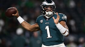Philadelphia Eagles quarterback Jalen Hurts warms up before an NFL football game against the Minnesota Vikings on Thursday, Sept. 14, 2023, in Philadelphia. (AP Photo/Derik Hamilton)