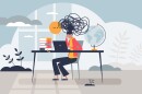 An illustration of a woman sitting at a desk in front of a laptop with scribbles above her head signifying psychological burnout and stress. 