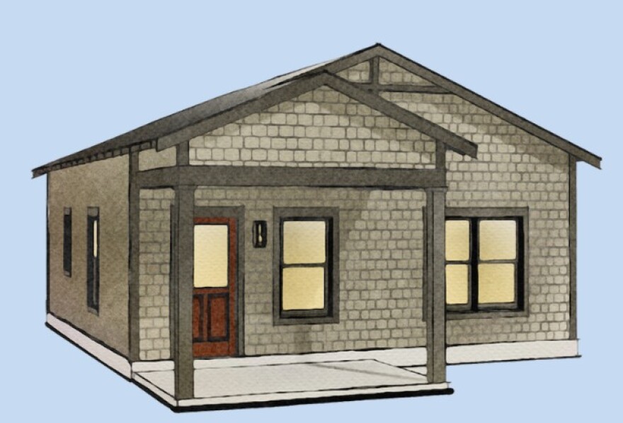 A computer rendering of a small, one-floor home design featuring beige walls, a red-orange door on a sky blue background. 