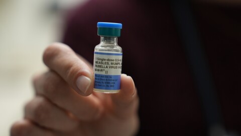 A vial of the combination measles, mumps and rubella vaccine.