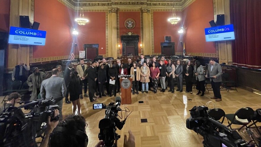 Columbus elected officials and immigrant community leaders spoke out against ICE enforcement and an attempt by the Trump Administration to remove temporary protected status for Haitian refugees at Columbus City Hall on Feb. 3, 2026.