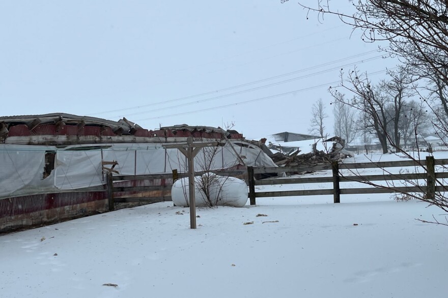 One of at least 20 poultry barns that collapsed in Rockingham County this week under the weight of ice and snow.