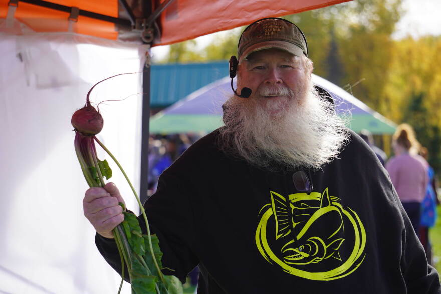 Larry Opperman prepares to speak on Kenai Peninsula gardening during the Harvest Moon Local Food Festival at Soldotna Creek Park in Soldotna, Alaska, on Saturday, Sept. 26, 2026.