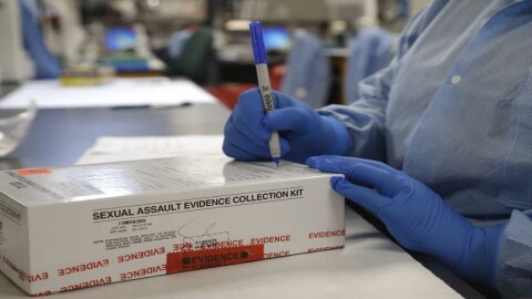 A sexual assault evidence collection kit is checked in by a forensic analyst for testing in the biology lab at the Houston Forensic Science Center Thursday, April 2, 2015, in Houston. (AP Photo/Pat Sullivan)