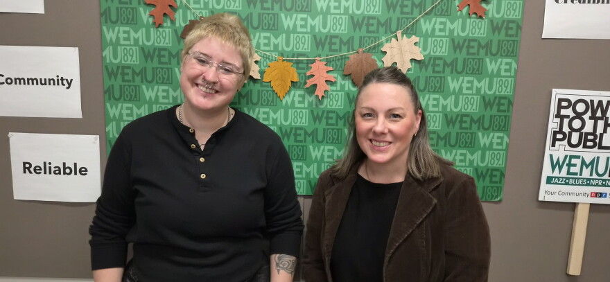 On the Ground Ypsi host Lee Van Roth (left) and Ypsilanti Community Schools Director of STEM Innovation Kelly Mickel at the Timko Broadcast Center.