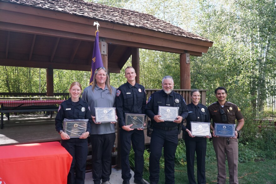 The six honorees. From left: Park City Fire District EMS paramedic Gabrielle Longchamp, Summit County Search & Rescue volunteer Kevan Todd, Park City firefighter of the year Hudson Zwahlen, Summit County Sheriff's Office deputy Sgt. Zachary Howick, Park City Police Department Detective Katie James, and Utah Highway Patrol Corporal Jake Odom.