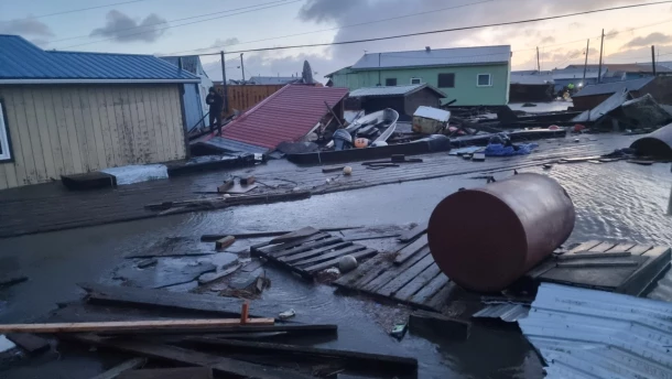 Damage in the lower Kuskokwim Delta community of Kipnuk on the morning of Oct. 12, 2025.