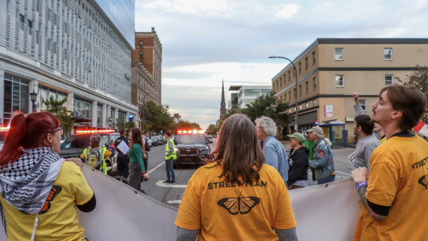 Organizers occupy the intersection of Delaware Avenue and Chippewa Street on Sept. 26, 2026 during an Evict ICE protest.