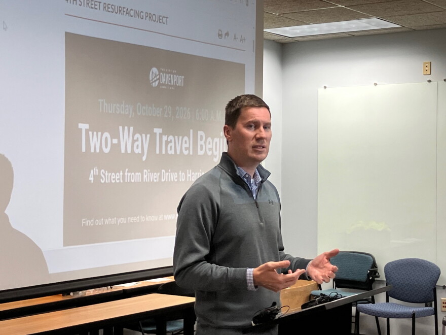 Clay Merritt, Davenport's director of engineering and capital projects, speaks at a media briefing on the 4th Street two-way conversion, on Oct. 27, 2026.