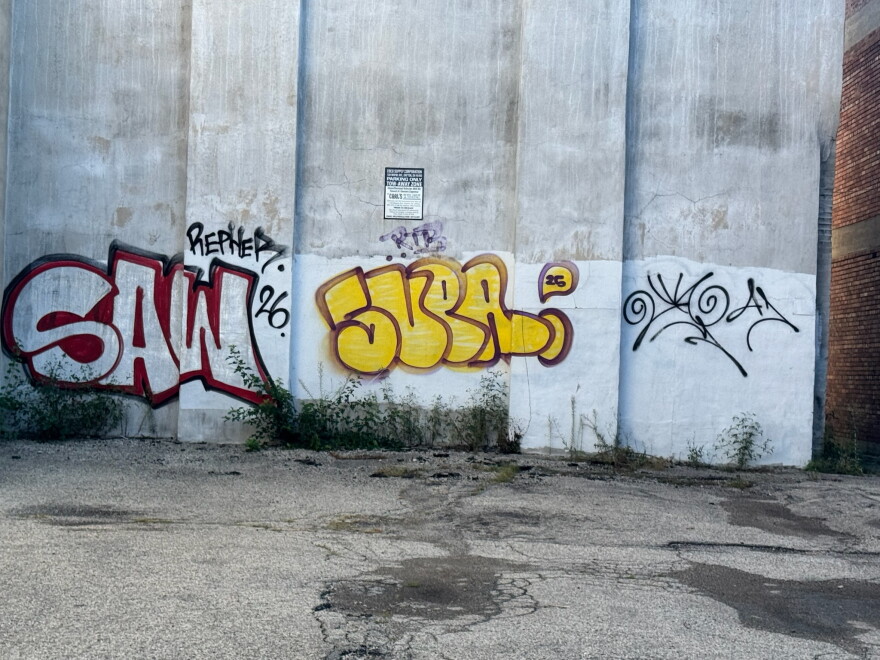 Graffiti pictured on a building near the corner of Wayne Avenue and Jones Street. The city of Dayton has been encouraging people to report graffiti so it can be removed.