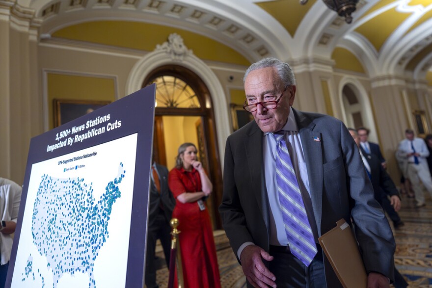 Senate Minority Leader Chuck Schumer, D-N.Y., arrives to speak with reporters about Senate Republicans' efforts to claw back $1.1 billion of funding authority from the Corporation for Public Broadcasting and about $8.3 billion from foreign aid programs targeted by DOGE, at the Capitol in Washington, Tuesday, July 15, 2025. (AP Photo/J. Scott Applewhite)
