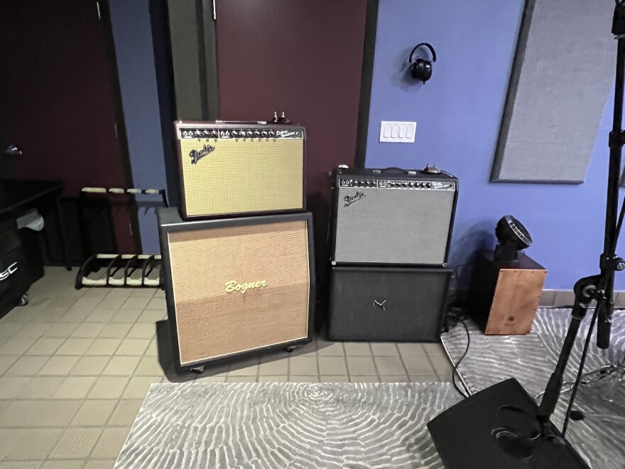 Four of the amps at Little Wing Studios. (Natan Solomon/WUFT News)