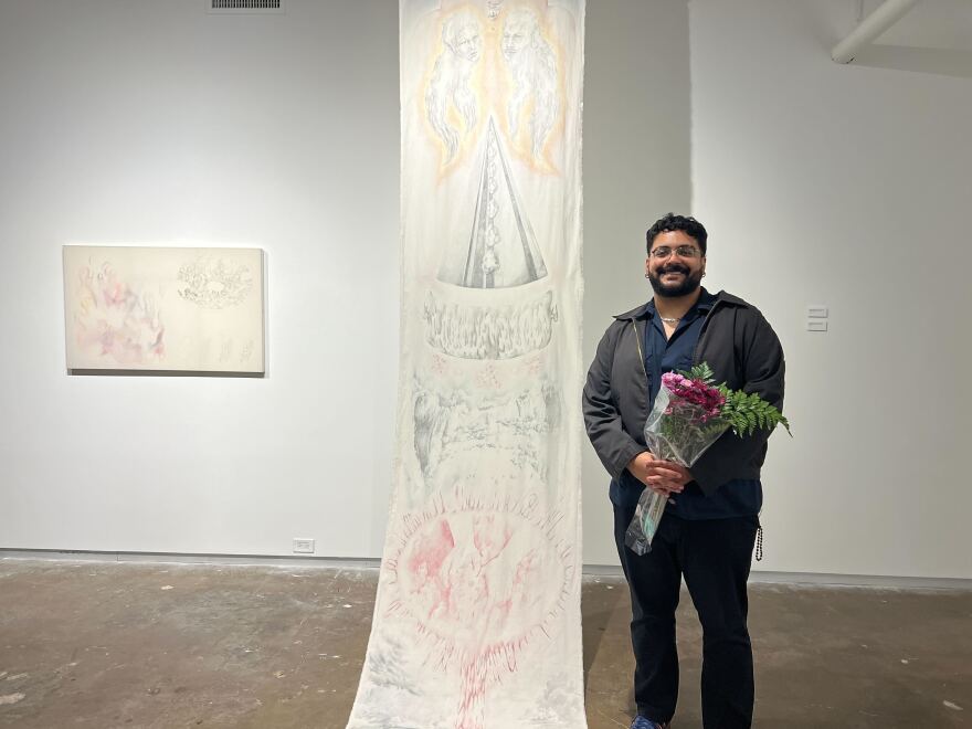 Christopher Najera Estrada, a graduate student at Texas Christian University, standing in front of his work at Dallas Contemporary on February 13, 2026.