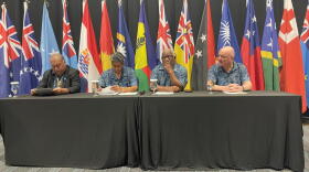 At the Pacific Islands Forum in Koror, Palau, from left, Forum Secretary General Baron Waqa, Palau President Surangel Whipps Jr., Solomon Islands Foreign Minister Rick Houenipwela and New Zealand Prime Minister Christopher Luxon on Sept. 3, 2026.