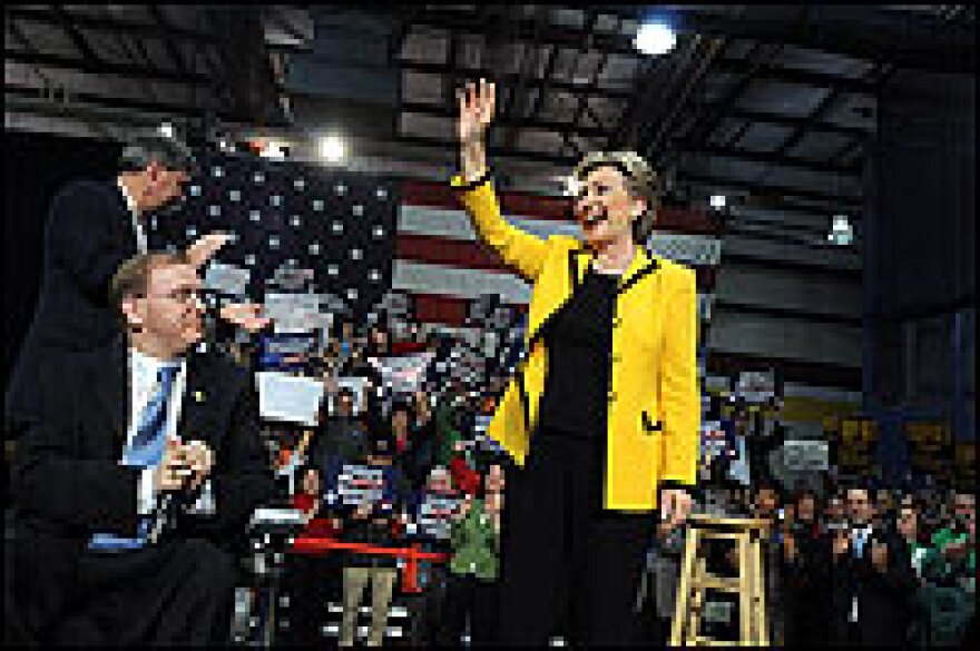 New York Sen. Hillary Clinton takes the stage on Feb. 24 in Providence, R.I., in advance of the state's upcoming primary. Former President Bill Clinton was also scheduled to make a campaign stop in the state.
