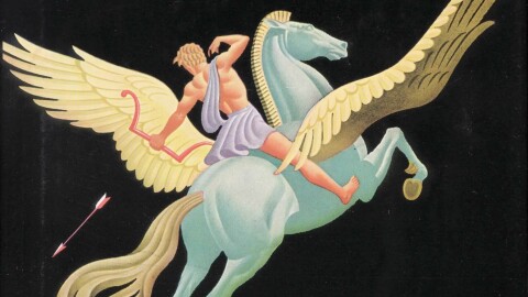 Book cover of Mythology by Edith Hamilton, featuring a man riding a winged horse against a black background.