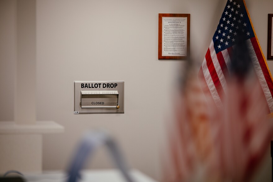 The in-office ballot drop box at the Polk County Election Office. When voters vote early in person, their ballots are deposited directly into a fireproof room where other ballots are stored.