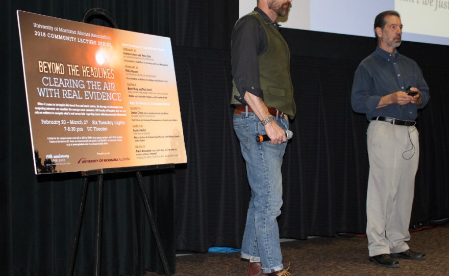 Professor Brent Ruby and Dr. Paul Smith talk about the health impacts of wildfire smoke and the resiliency of firefighters during a lecture at the University of Montana in Missoula, Tuesday March 6, 2018.