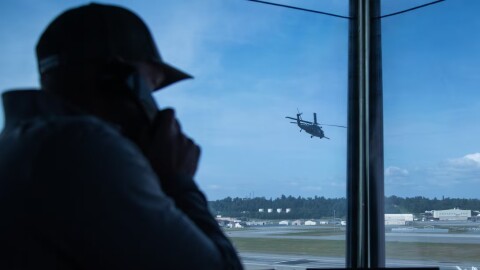 A 210th Rescue Squadron HH-60W Jolly Green II carrying 212th Rescue Squadron pararescuemen returns to JBER after a Aug. 9, 2026, mission rescuing a pilot of a Cessna 185 that crashed near Trapper Joe Lake about 25 miles south of Anchorage.