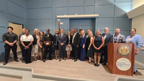 Senator Darius Brown along with Delaware Bank Commissioner Lisa Collison, Adam Hanif from the Delaware Council on Banking, and representatives from Stepping Stones Federal Credit Union, Capital One, and Launcher, an initiative of the West End Neighborhood House, highlighting investments to small businesses and the Delaware Community Investment Venture Fund.