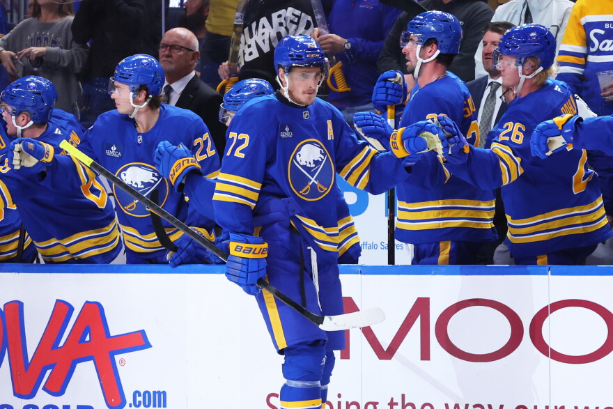 Buffalo Sabres center Tage Thompson (72) celebrates his goal during the second period of an NHL hockey game against the Chicago Blackhawks Saturday, Oct. 3, 2026, in Buffalo, N.Y. (AP Photo/Jeffrey T. Barnes)