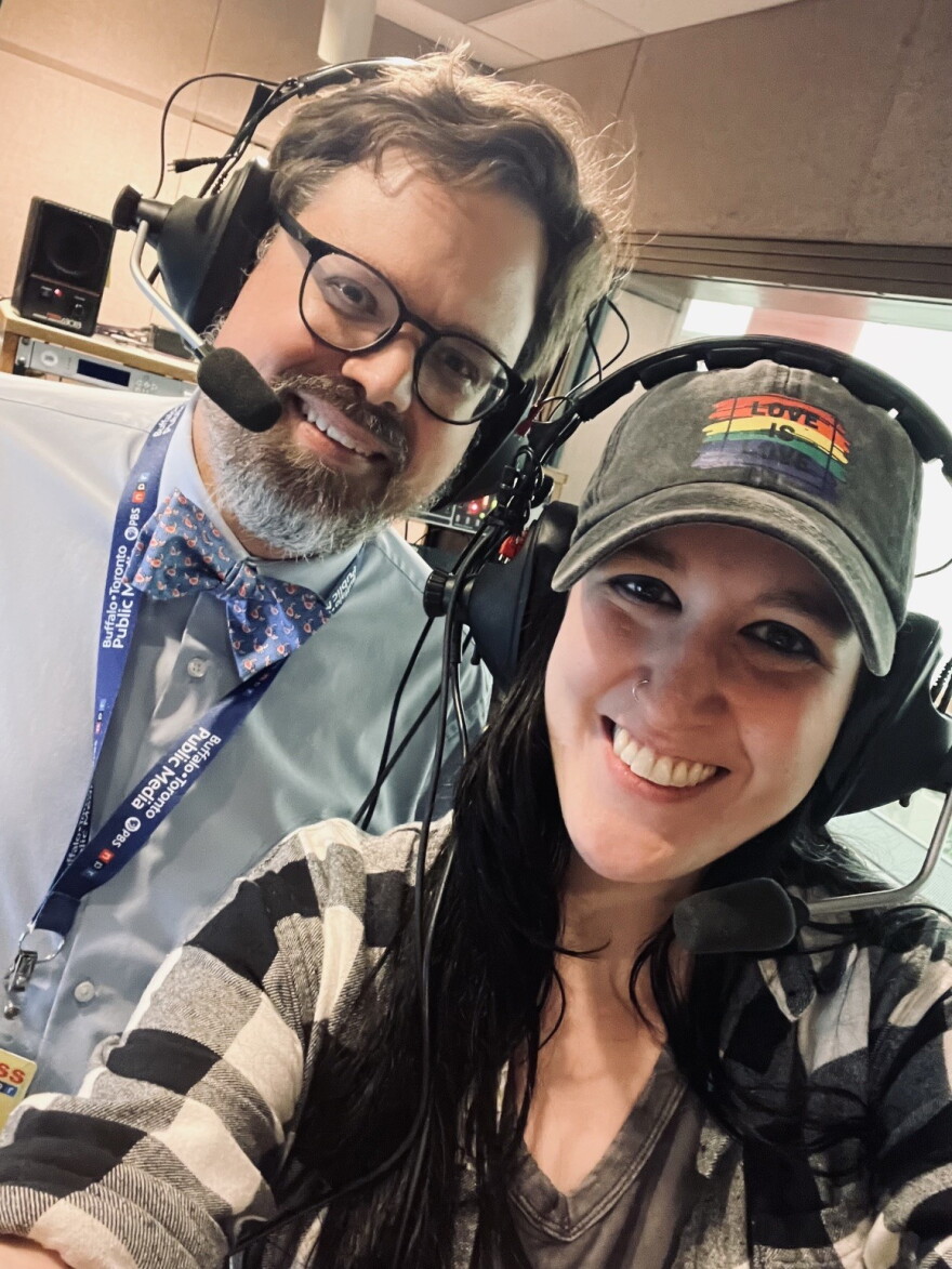 Steve Cichon (left) and Samantha Pangborn (right) pose for a selfie.