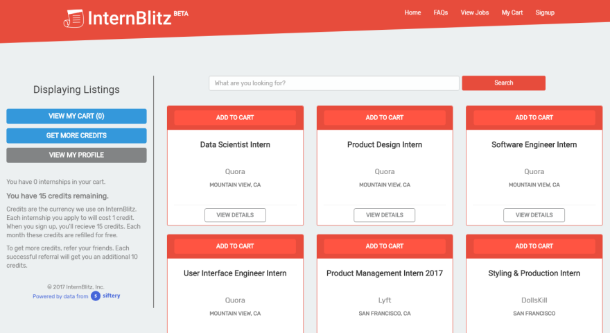 Users can scan InternBlitz's database and add internships to a cart.