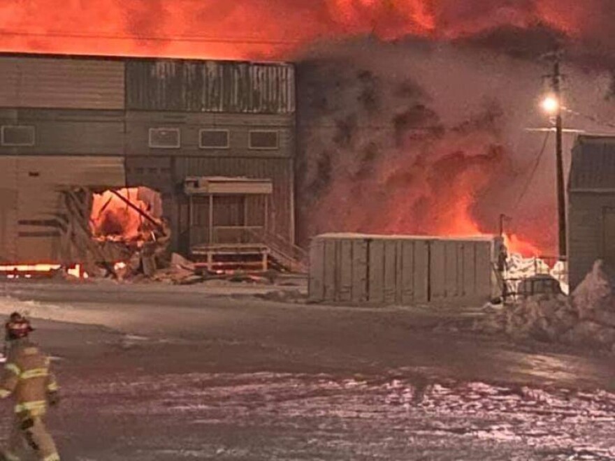 A fire burns at Harold Kaveolook school in Kaktovik the morning of February 7. (Melvin Jack Kayotuk)