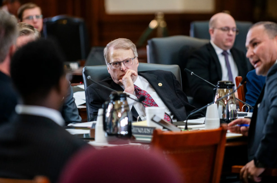State Sen. Brian Birdwell, R-Granbury, listens to testimony during a public hearing on the Senate floor on July 22, 2025 in Austin.
