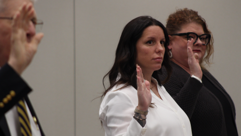 Alexandra Wilson swears in before the Indiana Election Commission Wednesday, April 8th, inside the Indiana Government Center. Her eligibility to appear on the Republican primary ballot has been in question over a 2010 criminal charge that has since been expunged.