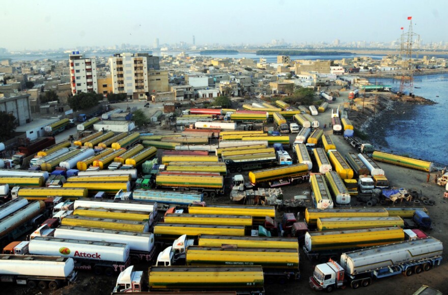 Oil tankers sit at a NATO supply terminal in the southern Pakistani port city of Karachi on Feb. 9. In November, Pakistan's government shut down the main routes for bringing supplies to U.S. and NATO troops in Afghanistan.