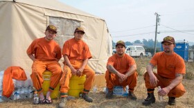 Left to right: Anthony Torpey, Phillip Estorga, Junior Rios and Solomon Schumaker are just a few of the men fighting California’s wildfires. (Ninna Gaensler-Debs/KALW)