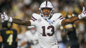 Mississippi State wide receiver Sanfrisco Magee (13) reacts after his touchdown catch against Missouri during the second half of an NCAA college football game in Starkville, Miss., Saturday, Sept. 26, 2026. (AP Photo/James Pugh)