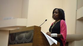 Leah Thompson Carter, of Bartlesville, lost her son to a prescription drug overdose and is afraid she will lose another. Here, she speaks at the Suicide Awareness Summit in Bartlesville in September.