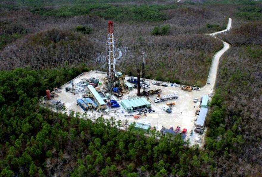 Aerial photo shows an existing oil drilling operations in the Big Cypress National Preserve