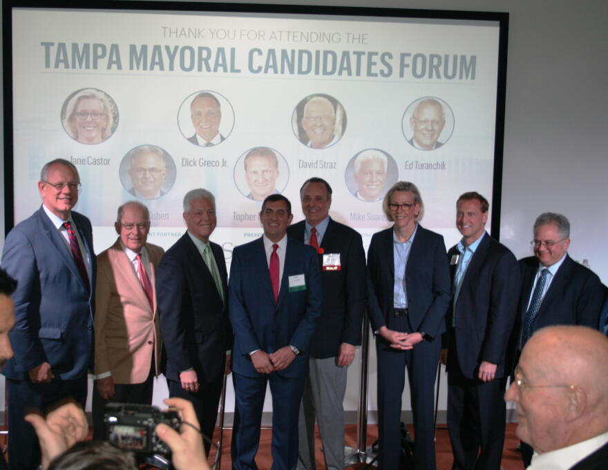 Candidates at a recent debate, from left to right, Ed Turanchik, David Straz, Mike Suarez, moderator Ron Christaldi, Dick Greco Jr., Jane Castor, Topher Morrison and Harry Cohen