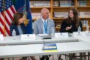 Brigid Gill, a soon-to-be senior in the North Syracuse school district, speaks during a roundtable discussion on implementing a ban on cell phone use in schools. To her right are Gov. Kathy Hochul and North Syracuse