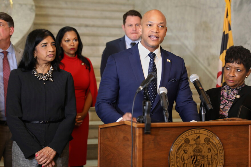 Maryland Gov. Wes Moore speaks at a news conference on Thursday, March 20, 2025, in Annapolis, Md., with leading Democrats in the state's legislature to announce an agreement on a state budget framework that includes tax increases as well as cuts to address a $3.3 billion budget deficit for the next fiscal year. (AP Photo/Brian Witte)